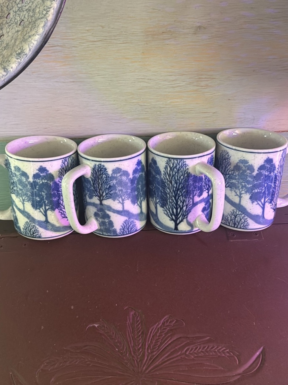 Blue Tree-Print vintage Ceramic Coffee Mug - Set of 4